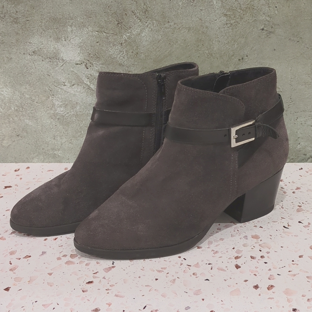 Clarks | Dark Grey Suede Ankle Boots Black Strap 2" Heel | 8.5
